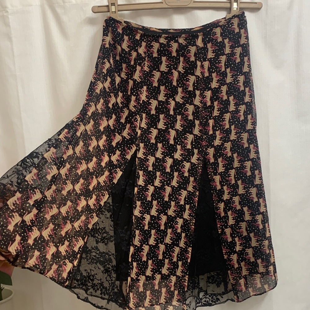 Vintage Betsey Johnson Cat and The Fiddle Pleated Lace Chiffon A-Line Skirt Y2K